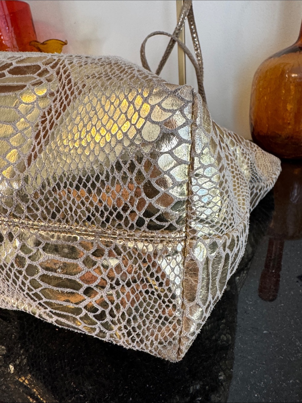 Carlos Falchi Metallic Gold Python-Embossed Tote w/Pouch - Picture 6 of 14